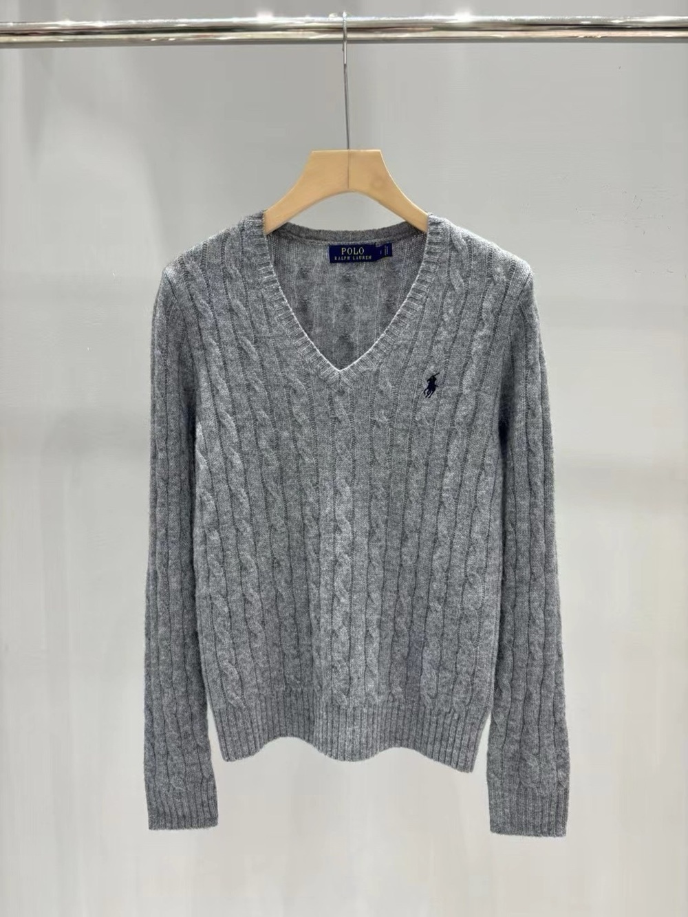 Polo by Ralph Lauren Light Gray Cable-Knit V-Neck Sweater